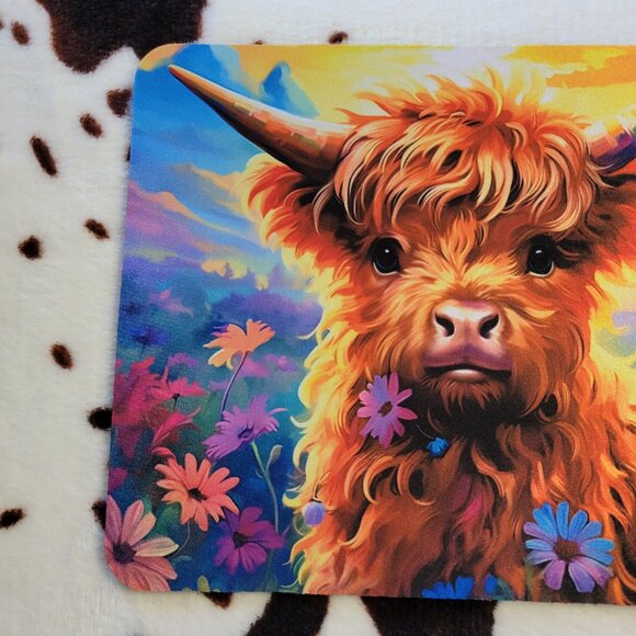 Baby Highland Cow Floral Computer Non Slip Custom Mouse Pad Handmade - Picture 8 of 10